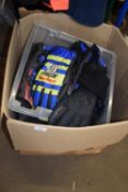 BOX CONTAINING MOTORCYCLE AND WINTER GLOVES AND LEATHER MOTORCYCLE TROUSERS ETC