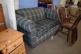 MODERN TWO-SEATER TARTAN UPHOLSTERED SOFA ON BUN FEET, 152CM WIDE