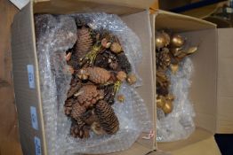 TWO SMALL BOXES OF PINE CHRISTMAS DECORATIONS