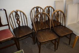 SET OF FIVE DARK STAINED STICK BACK CHAIRS, 82CM HIGH