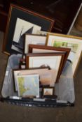 BOX CONTAINING FRAMED PICTURES AND PRINTS TO INCLUDE AFRICAN GREY PARROT, CHURCH SCENE ETC