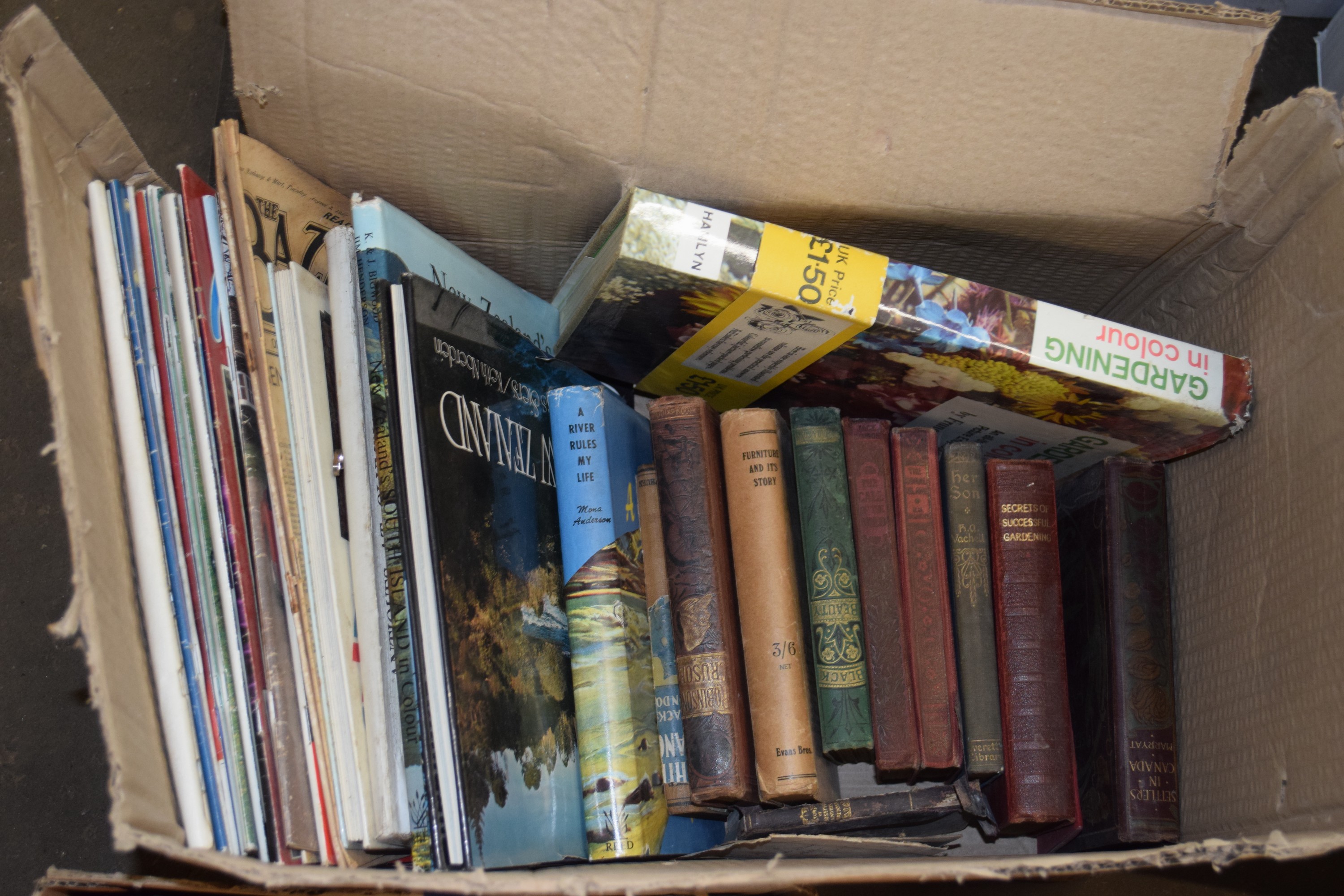 BOX OF MIXED BOOKS TO INCLUDE A RIVER RULES MY LIFE, FURNITURE AND ITS STORY, GARDENING IN COLOUR