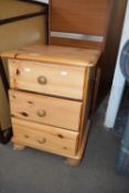 MODERN THREE DRAWER PINE BEDSIDE CABINET, 58CM HIGH