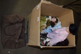 BOX CONTAINING COLLECTORS DOLLS AND A LEATHER TYPE BAG