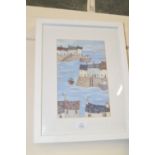 FRAMED PRINT OF A VILLAGE HARBOUR, 44 X 34CM