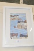 FRAMED PRINT OF A VILLAGE HARBOUR, 44 X 34CM