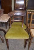 TWO 19TH CENTURY UPHOLSTERED MAHOGANY CHAIRS WITH CARVED DECORATION AND TURNED LEGS, HEIGHT APPROX