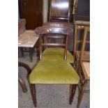 TWO 19TH CENTURY UPHOLSTERED MAHOGANY CHAIRS WITH CARVED DECORATION AND TURNED LEGS, HEIGHT APPROX