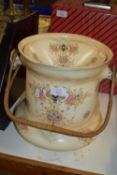 LARGE POTTERY PAIL AND COVER WITH WICKER HANDLE