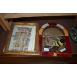 MIRROR IN COLOURED GLASS FRAME WITH A GLASS LADYBIRD AND MODEL OF A CAT