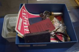 BOX CONTAINING EPHEMERA, TWO OLD STYLE 1930S DRIVING LICENCES, CARTRIDGE CASE, WRIST WATCH ETC