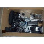 BOX CONTAINING THREE CAMERAS, A SONY 14.1MGPX OPTICAL STEADYSHOT TOGETHER WITH OPTI PENTAX AND