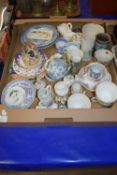 TRAY CONTAINING CERAMICS, TEA POT IN MEISSEN STYLE, ENGLISH PORCELAIN COFFEE CANS ETC