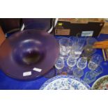 LARGE PURPLE GLASS FRUIT BOWL AND GLASSES ETC