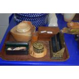 TRAY CONTAINING TREEN ITEMS, LETTER BOX, SMALL WOODEN BOX, ETC