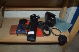 CAMERA EQUIPMENT TO INCLUDE LENS CAPS, A CASED NIKON LITE TOUCH ZOOM 70W CAMERA ETC