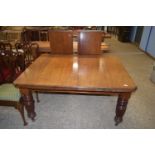 VICTORIAN MAHOGANY WIND OUT EXTENDING DINING TABLE RAISED ON HEAVILY CARVED LEGS, 143 X 118CM