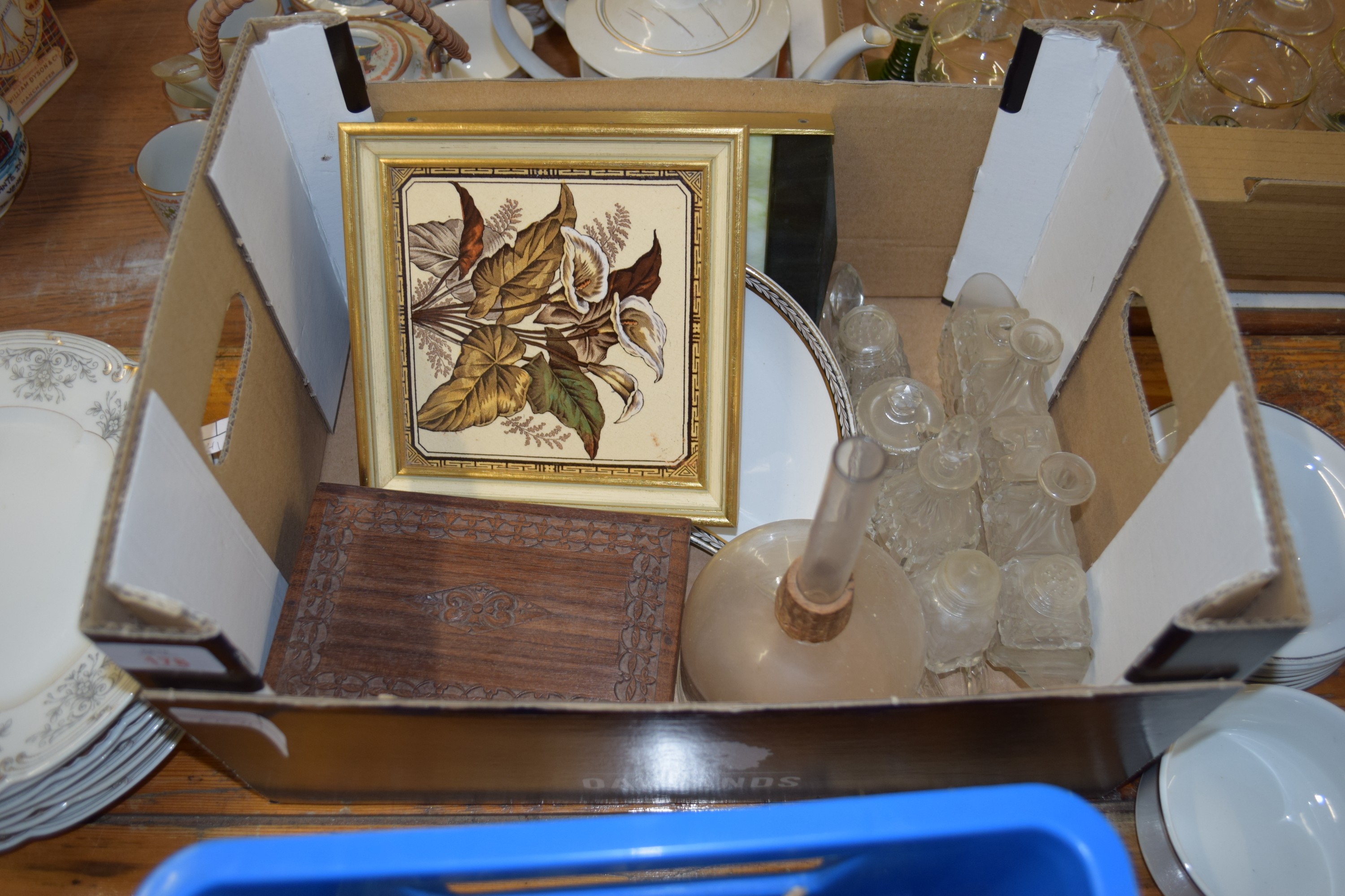 BOX CONTAINING GLASS CONDIMENTS, FRAMED TILE, POSSIBLY MINTON, ETC