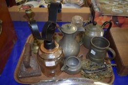 MAINLY METAL WARES, PEWTER COFFEE POT, TANKARD, FLAT IRON, BRASS CANDLESTICKS ETC