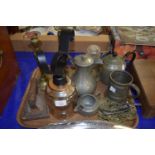 MAINLY METAL WARES, PEWTER COFFEE POT, TANKARD, FLAT IRON, BRASS CANDLESTICKS ETC