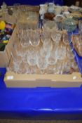 BOX CONTAINING GLASS WARES, BRANDY GLASSES, WINE GLASSES ETC