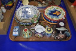 TRAY CONTAINING CERAMICS, CONTINENTAL PORCELAIN, COLLECTORS PLATES, ROYAL DOULTON CHARACTER JUG OF