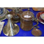 MIDDLE EASTERN COPPER JUG, PEWTER TANKARD, MIDDLE EASTERN STYLE COPPER BOWLS ETC