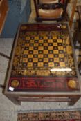 GLASS TOPPED HARDWOOD GAMES OR COFFEE TABLE, APPROX 61 X 89CM