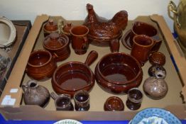 BOX CONTAINING BROWN GLAZED KITCHEN WARES FROM THE DENMEAD POTTERY INCLUDING BOWLS, CASSEROLE ETC