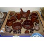 BOX CONTAINING BROWN GLAZED KITCHEN WARES FROM THE DENMEAD POTTERY INCLUDING BOWLS, CASSEROLE ETC