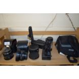 MIXED LOT OF CAMERA EQUIPMENT TO INCLUDE TAMRON SP BBAR MC LENS PLUS CASES