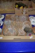 TRAY CONTAINING GLASS WARES, CUT GLASS DECANTER AND COVER, WATER JUG, FRUIT BOWLS ETC