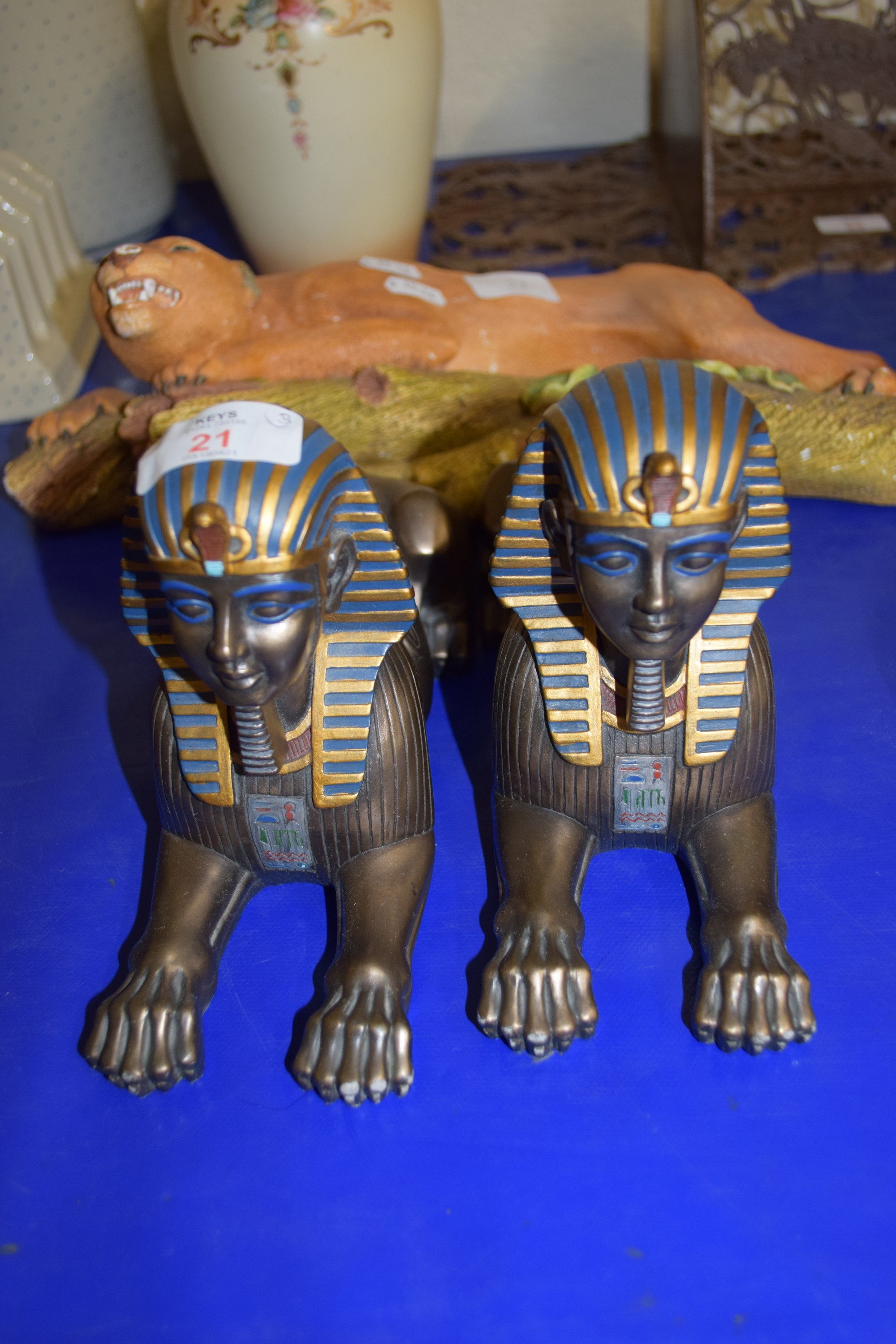 TWO MODELS OF EGYPTIAN SPHINX PLUS FURTHER MODEL OF A WILDCAT