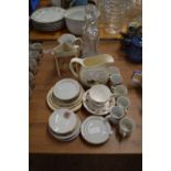 CERAMIC ITEMS, CUPS AND SAUCERS, TOGETHER WITH TWO GLASS DECANTERS