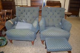 PAIR OF REPRODUCTION BUTTON BACK UPHOLSTERED ARMCHAIRS, WITH TURNED LEGS, TOGETHER WITH MATCHING