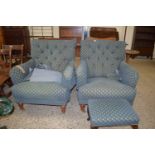 PAIR OF REPRODUCTION BUTTON BACK UPHOLSTERED ARMCHAIRS, WITH TURNED LEGS, TOGETHER WITH MATCHING