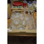 TRAY CONTAINING VARIOUS GLASS WARES, CHAMPAGNE FLUTES ETC