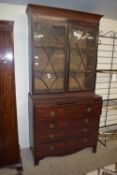 19TH CENTURY MAHOGANY SECRETAIRE BOOKCASE, THE FALL FRONT WITH FITTED INTERIOR PLUS THREE DRAWERS