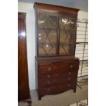 19TH CENTURY MAHOGANY SECRETAIRE BOOKCASE, THE FALL FRONT WITH FITTED INTERIOR PLUS THREE DRAWERS