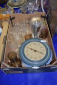 TRAY CONTAINING KITCHEN ITEMS, CLOCK, BLUE AND WHITE PLATES, GLASS JUGS ETC