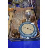 TRAY CONTAINING KITCHEN ITEMS, CLOCK, BLUE AND WHITE PLATES, GLASS JUGS ETC