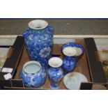 BOX CONTAINING ORIENTAL WARES, BLUE AND WHITE VASE, PAIR OF ORIENTAL VASES ETC