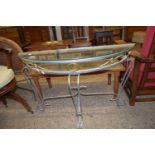 WROUGHT IRON FRAMED GLASS TOPPED DEMI-LUNE SIDE TABLE, WIDTH APPROX 107CM