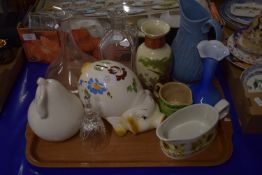 TRAY CONTAINING LARGE PIG MONEY BOX, GLASS DECANTERS, ETC