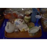 TRAY CONTAINING LARGE PIG MONEY BOX, GLASS DECANTERS, ETC