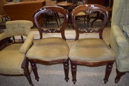 PAIR OF MAHOGANY BALLOON BACK VICTORIAN UPHOLSTERED DINING CHAIRS, EACH HEIGHT APPROX 90CM