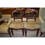 PAIR OF MAHOGANY BALLOON BACK VICTORIAN UPHOLSTERED DINING CHAIRS, EACH HEIGHT APPROX 90CM