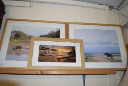 TWO PICTURES OF ELEPHANTS IN WOODEN FRAMES AND A PRINT OF SUNRISE ON SOUTHWOLD PIER