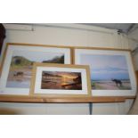 TWO PICTURES OF ELEPHANTS IN WOODEN FRAMES AND A PRINT OF SUNRISE ON SOUTHWOLD PIER