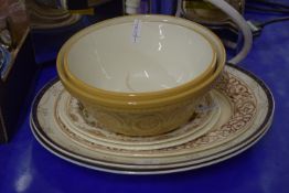 TWO KITCHEN POTTERY MIXING BOWLS AND LARGE SERVING DISHES